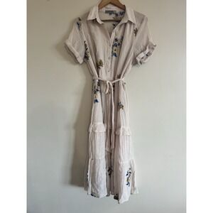Figueroa & Flower Long Flowy Boho Vintage Style Dress Button Down Embroidered